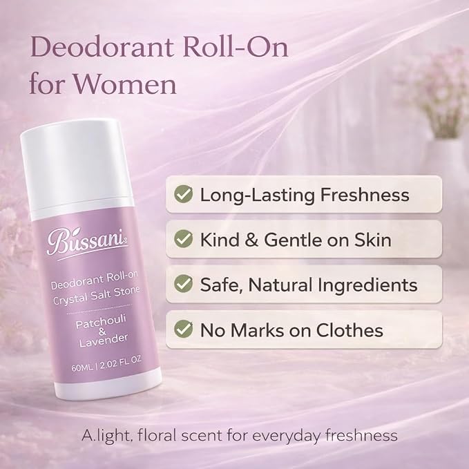 Bussani Women's Roll-On Deodorant – 24H Fresh Odor Protection, No White Marks, Gentle on Skin, Aluminum & Baking Soda Free, Crystal Salt Stone, Patchouli Lavender, 2.02 oz