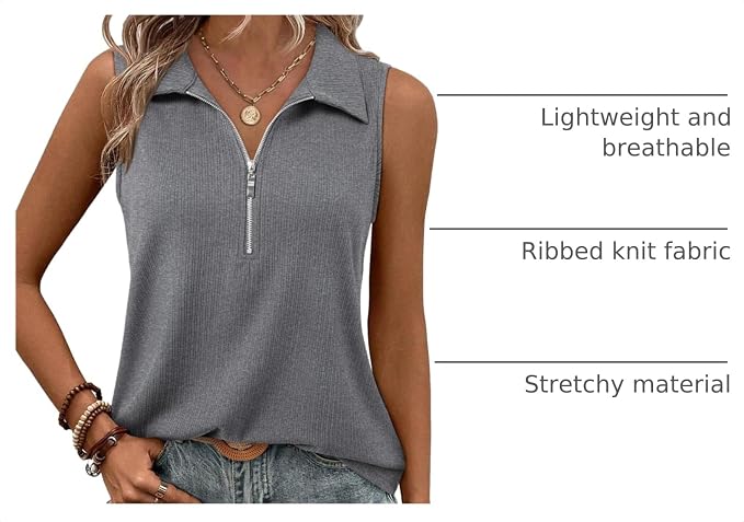 Vivilli Womens Ribbed Tank Top Zipper V Neck Dressy Casual Blouses Sleeveless Camisole Tops Work Tank Polo Shirts