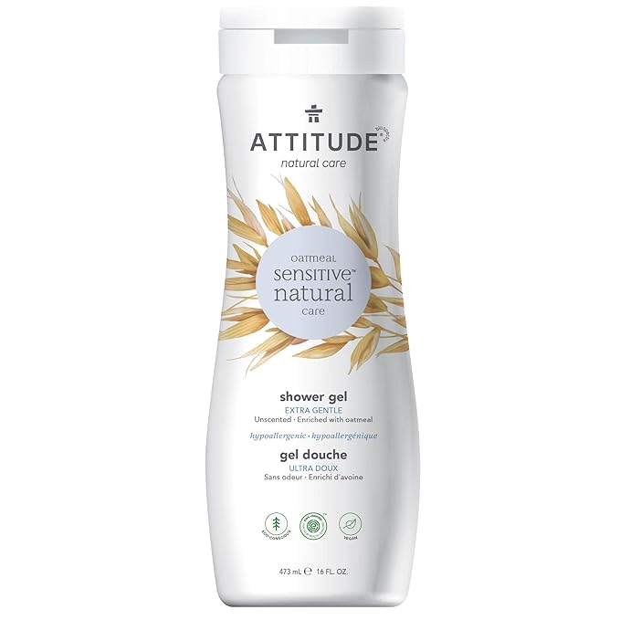 ATTITUDE Body Wash for Sensitive Skin with Oat, EWG Verified, Dermatologically Tested, Vegan, Extra Gentle, Unscented, 16 Fl Oz (Pack of 2)
