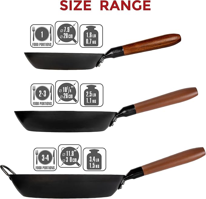 YOSUKATA 11.8" Carbon Steel Frying Pan – Non-Toxic Pre-Seasoned Skillet with Removable Wooden Handle – Coating-Free Wok-Style Pan for Gas, Induction, Electric, Oven & Grill BBQ