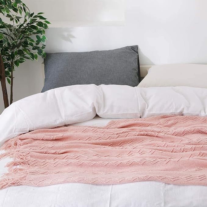 BOURINA Pink Throw Blanket 50x60 Inch Boho Knitted Soft Throw Sofa Blanket | Knitted Throw Blanket 50x60 Inches, Soft Lightweight Boho Weave Throw Decorative Couch Blanket for Living Room Bedroom Chair