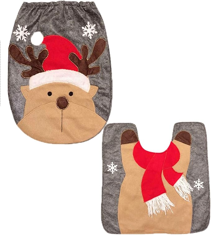 HESHIFENG. party & accessories Christmas Snowman Santa Deer Toilet Seat Cover and Rug Set Red Christmas Decorations Bathroom (Deer)