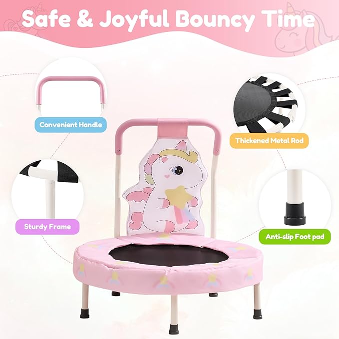 FUNLIO 27" Unicorn Mini Trampoline for Toddlers, Small Trampoline with Safety Handle, Rainbow Fairy Unicorn Jumping Toy for Younger Kids, Foldable & Portable for Indoor/Outdoor Fun, CPC&CE Certified