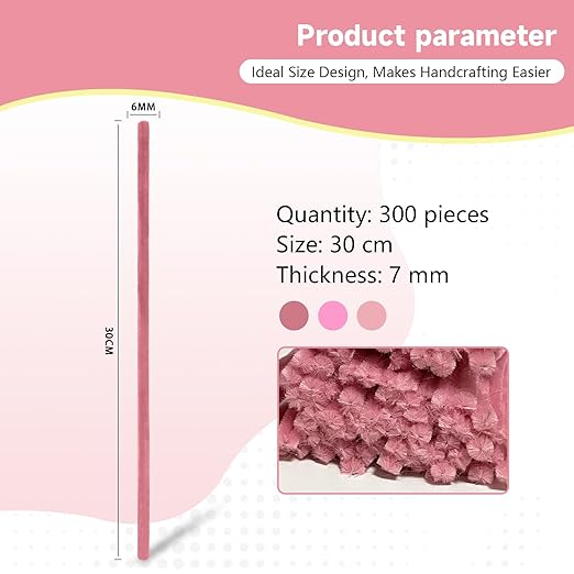 Pipe Cleaners Craft 300PCS 3 Colors Pastel Pink Pipe Cleaners Bulk 30CM Limpia Pipas para Manualidades Fuzzy Wire Chenille Stems for Arts Crafts and Creative DIY Projects Decorations