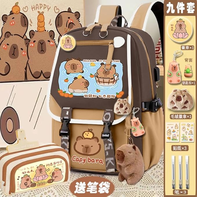 Kapibara Capybara Cartoon Backpack Large Capacity Waterproof Kapibara stuff kawaii backpack with pins and Accessories (pattern 16)