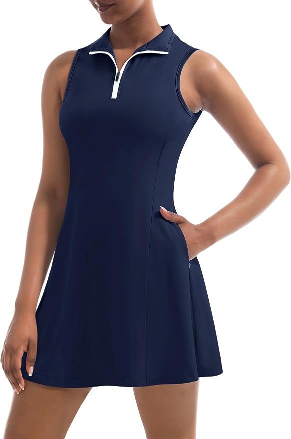 Tennis Dress for Women, Golf Dress with Shorts and Pockets Athletic Dress | Sleeveless Collared Half-Zipper Workout Sport Dress, Stretch Moisture Wicking Fabric, Tennis Golf Outfits