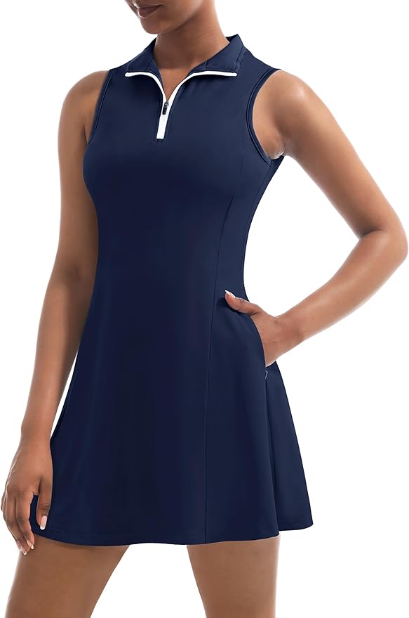 Tennis Dress for Women, Golf Dress with Shorts and Pockets Athletic Dress | Sleeveless Collared Half-Zipper Workout Sport Dress, Stretch Moisture Wicking Fabric, Tennis Golf Outfits