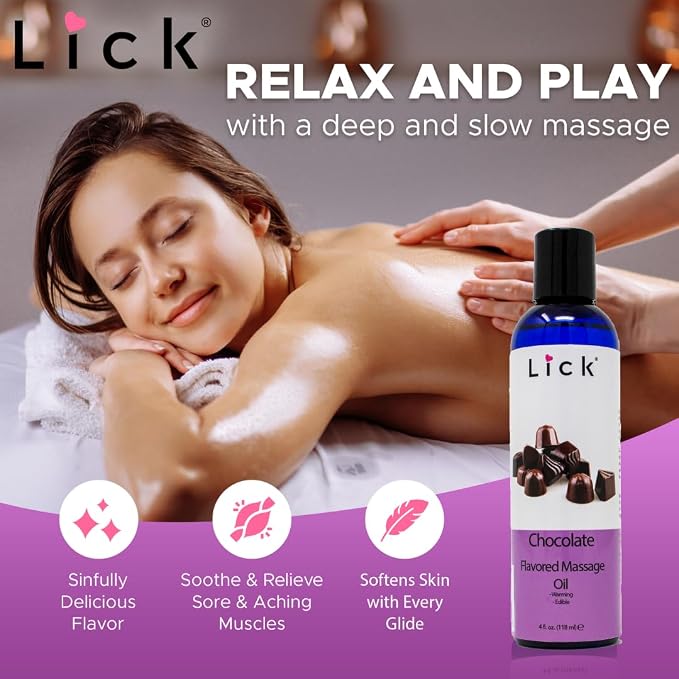 Lick Chocolate Flavored Massage Oil – Rich Dessert-Inspired Edible Massage Oil with Sweet Almond Oil & Vitamin E, Luxurious Glide for Romantic Couples Massage, 4 oz