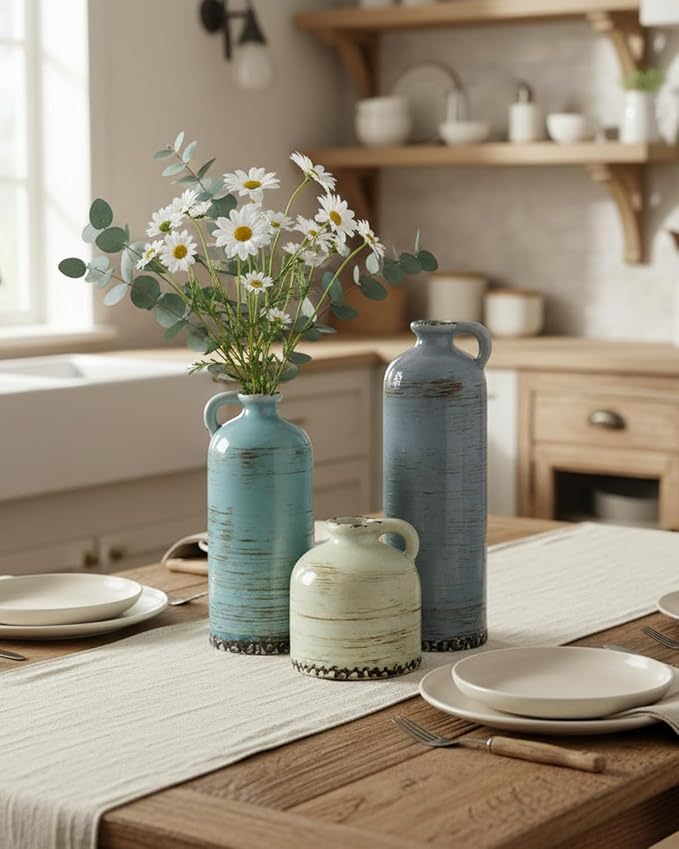 Modern Pottery Vase Set of 3 with Handles, Neutral Jugs for Home Decor | Morandi colors and glazed rustic finish for flowers, table centerpieces, shelves and living rooms