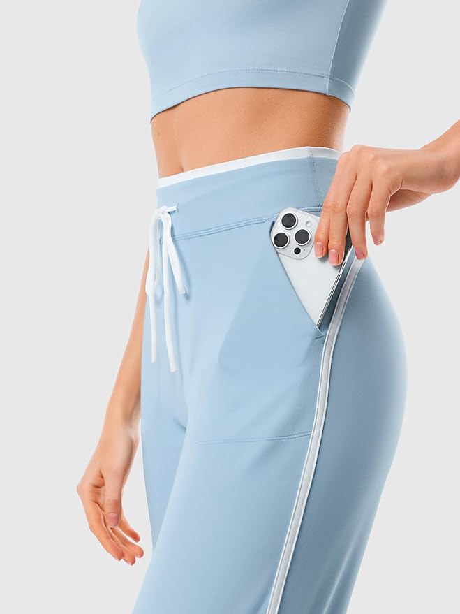 Women's Wide Leg Yoga Pants with Side Stripe, High Waisted Color Block String Lounge Pants, Workout Flowy Track Pants with Pockets