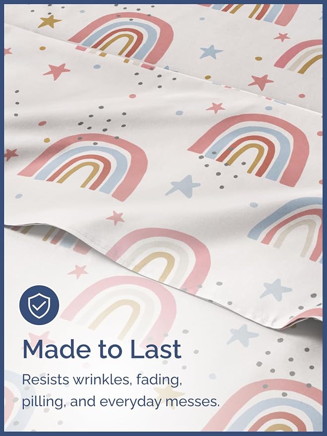 Kids Queen Size Bed Sheet Set - 4 Piece Kids Loft Bed Sheets - Rainbow Star Theme Bedding - Soft, Cute and Cozy - Breathable and Machine Washable - Colorful Bed Set for Boys, Girls, Teens & Toddlers