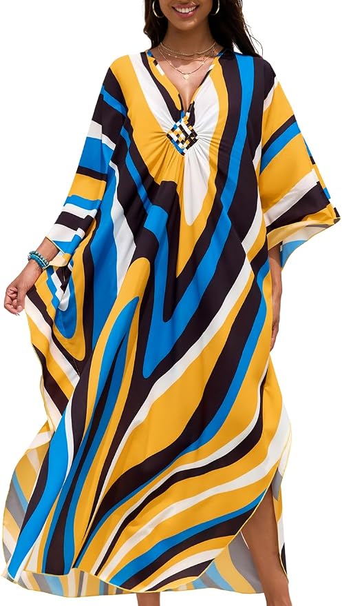 ChiaoLezhee Print Moo-Moos for Women, Kaftan Cover-Up Dresses, Sexy V-Neck High-Slit, Beach Pool-Party Coverups Muumuu Plus