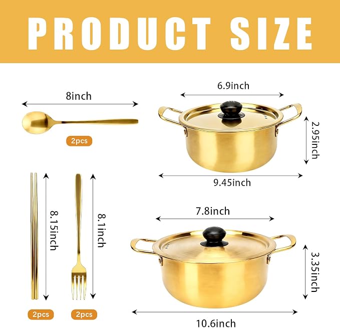 2-Pack Stainless Steel Korean Ramen Pot 7" & 7.8" with Lid Utensils | Noodle Cooking Pot Comes with Spoon, Chopsticks & Fork for Soup, Pasta and Daily Cooking