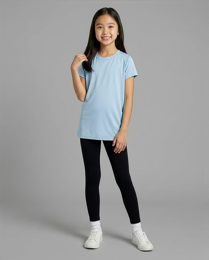 Real Essentials 5 Pack: Girls' Short Sleeve Dry-Fit Athletic T-Shirt - Active Gym Crew Neck Tops for Teens Kids (Ages 4-16)