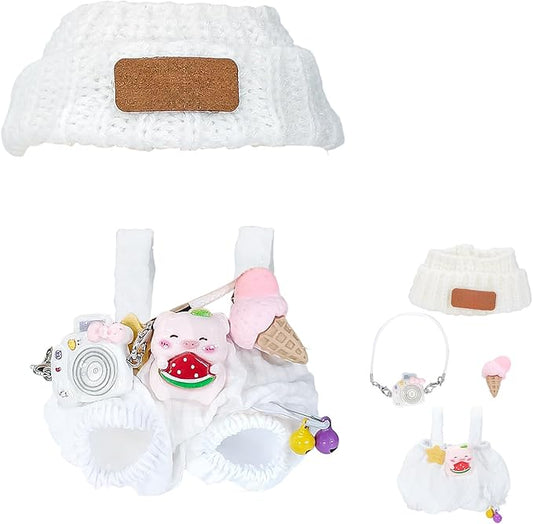 Doll Clothes for 17cm Dolls, Soft Knit Hat, Cozy Overalls, Camera, Bottle & Cute Accessories (No Doll) (White)