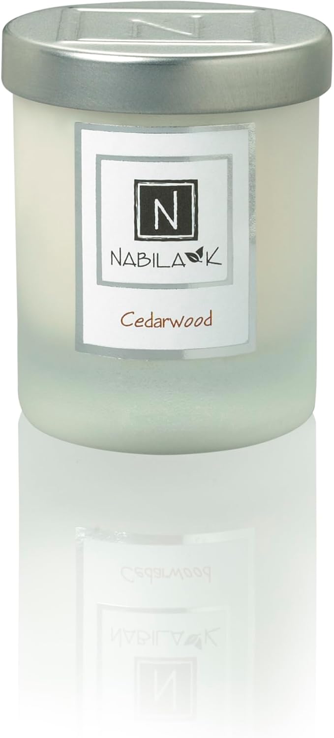 Nabila K - Cedarwood - Soy Candle with Essential Oils - Hand-Poured in USA - Cotton Wick - Aromatherapy - Blend of Cedarwood, Patchouli, Eucalyptus, Vanilla, Lemon, Eucalyptus & More - 3 oz