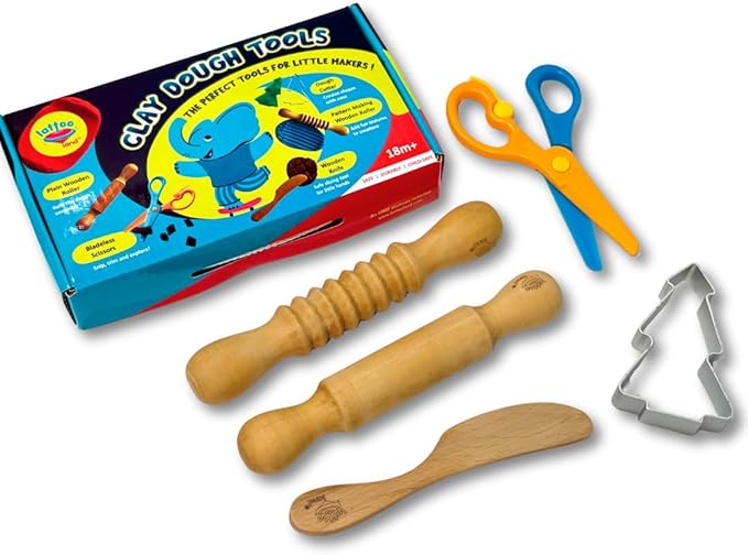 Lattooland Dough Tools Set of 5 - Sculpting Tools to Roll, Cut, Flatten | Wooden Rollers & Knife | Child-Safe Scissor | Pretend Play Kitchen | Clay Mould for Kids Ages 2-7 | Art & Craft