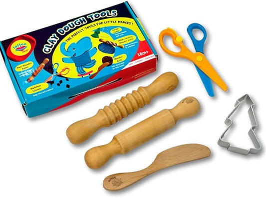 Lattooland Dough Tools Set of 5 - Sculpting Tools to Roll, Cut, Flatten | Wooden Rollers & Knife | Child-Safe Scissor | Pretend Play Kitchen | Clay Mould for Kids Ages 2-7 | Art & Craft