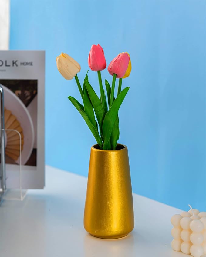 Simple Boho Ceramic Flower Vase for Home Decor (Gold,Small) | 6'' Modern Vase for Flower Plant Pampas Grass, Fit for Table Shelf Centerpieces, Living Room Kitchen Bedroom Wedding Gift