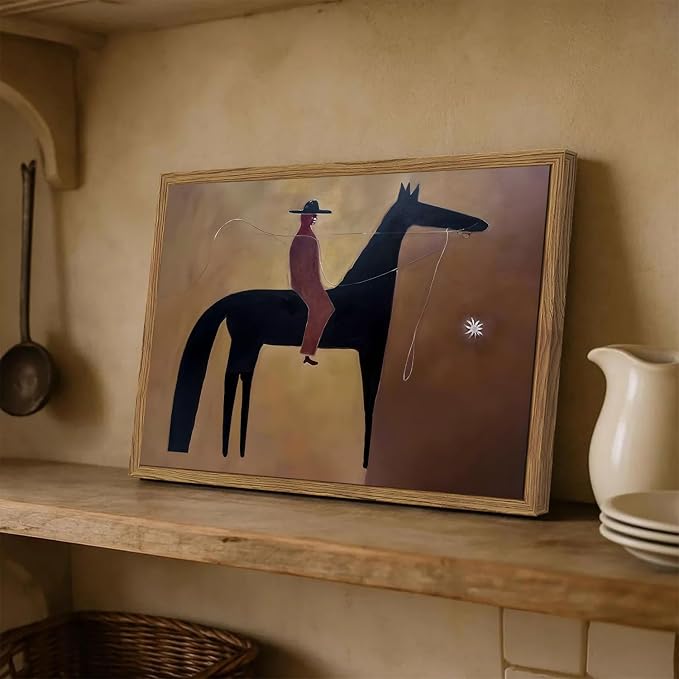 Vintage Western Cowboy Wall Art Abstract Southwestern Horse Wall Decor Painting, Mid Century Cowboy Poster Canvas Print Picture for Living Room Bedroom 12x16 inch Wood Framed
