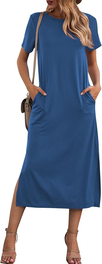 Naggoo Women's Casual T Shirt Midi Dress with Side Slit and Pockets