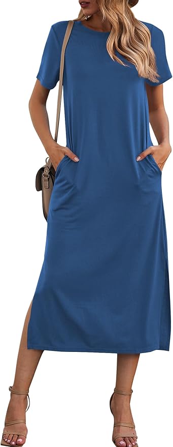 Naggoo Women's Casual T Shirt Midi Dress with Side Slit and Pockets