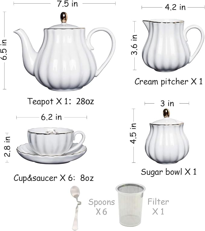 Sweejar Porcelain Tea Sets British Royal Series, 8 OZ Cups & Saucer Service for 6, with Teapot Sugar Bowl Cream Pitcher Teaspoons and Tea Strainer, Suitable for High Tea, Wedding, Party（Beige）