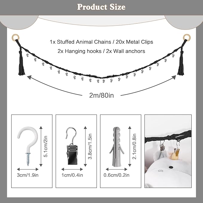 1/2 pcs 80" Cotton Hanging Storage Chain For Stuffed Animals Storage with 20 Metal Clips, Stuffed Animal Organizer Chain for Wall Corner Nursery Play Room, Black