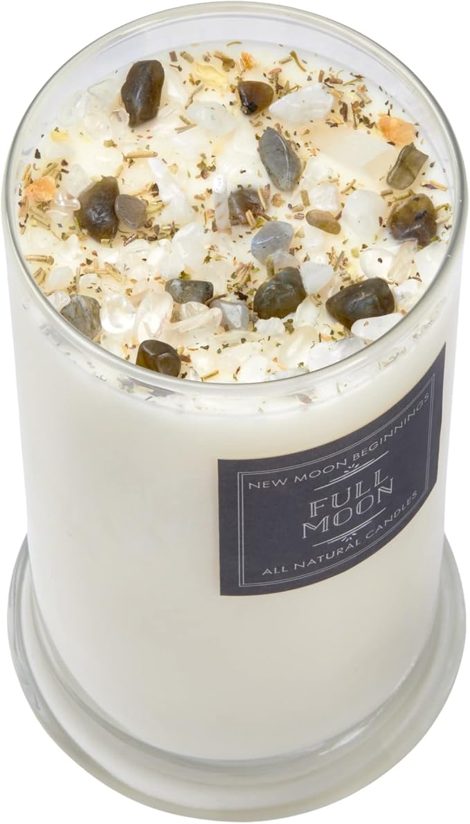 Full Moon® Candle by New Moon Beginnings - Purification & Cleansing Candle - Dried Flower, Herb, & Crystal Candles - Aromatherapy Candles - Soy Candle - 21oz Glass Jar