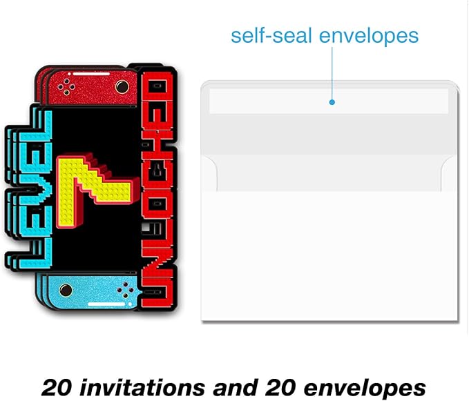 Video Game 7th Birthday Invitations Boy Glitter Video Game 7 Year Old Boys Birthday Party Shaped Invitations Invites with Envelopes, 20 Pack