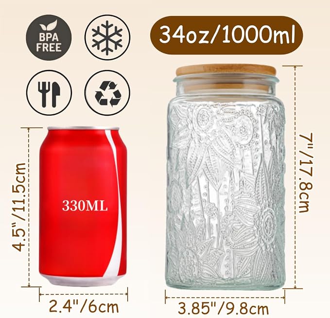 Vintage Airtight Glass Jar, 34oz Candy Jar with Lid | Coffee Canister, Decorative Mason Jar, Glass Food Storage Container for Coffee, Tea, Candy, Cookie, Sugar, Cute Jar