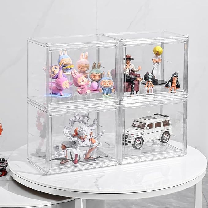 Clear Display Case with Lights, Acrylic Storage Organizers Box with Magnetic Door, Acrylic Dustproof Showcase for Collectibles Action Figure(1, Clear Medium)
