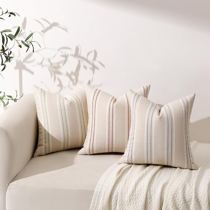 Hckot Stripe Throw Pillow Covers 24x24 Set of 2 Light Green Pillow Covers | Large Farmhouse Decorative Pillows Textured Linen Square Cushion Covers for Sofa Couch Bed Living Room Decor