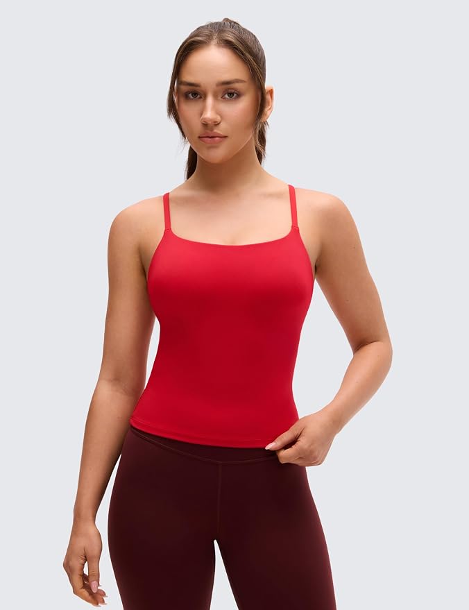 CRZ YOGA Softretch U Back Camisole Tank Tops for Women - Scoop Neck Padded Spaghetti Straps Soft Yoga Crop Top