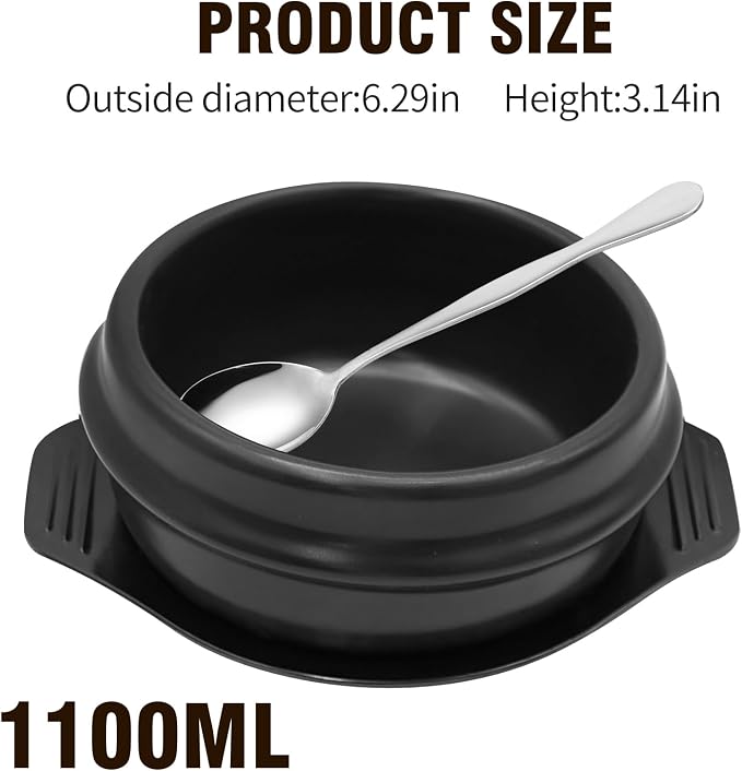Korean Stone Pot Set with Tray and Stainless Steel Spoon, Ceramic Bowl for Bibimbap and Soup, No Lid (1100 ML (37 OZ))