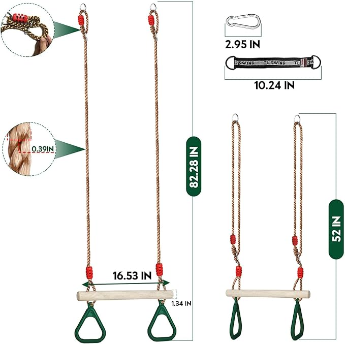 Trapeze Swing Bar with Rings, Wooden Trapeze Swing Bar with Plastic Gym Rings Adjustable Rope, Locking Straps, Outdoor Swing Set Playground Accessories for Kids (Green)