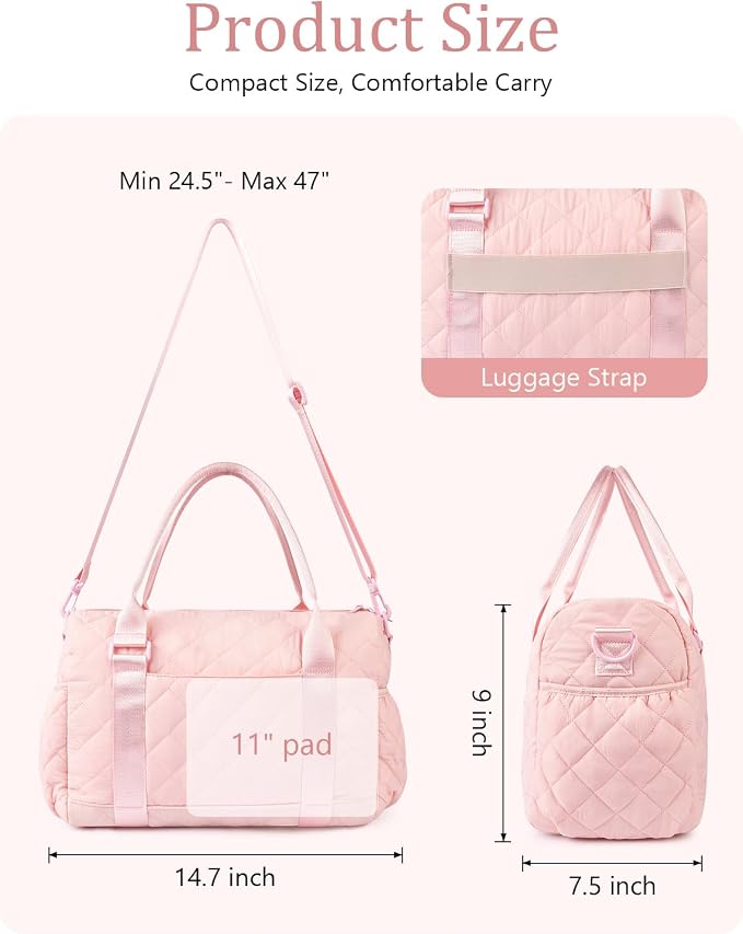 Gym Bag for Women with Yoga Mat Holder, Small Mini Gym Tote Bag Puffy Quilted Lightweight Sports Duffel Bag with Wet Compartment for Dance Yoga Workout Travel - Pink