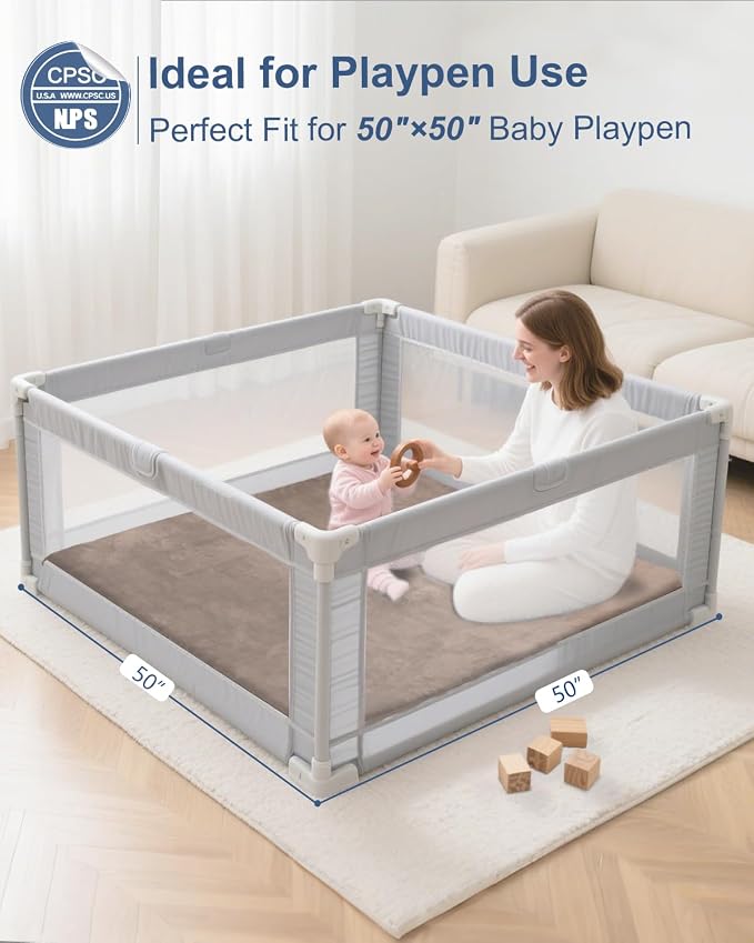 Thick Baby Play Mat for Floor,50 x 50 Playpen Mat,Tummy Time Foam Mats,Ultra Soft Support & Plush Feel,Easy Care with Non-Slip Cushioned for Infant,Kids and Toddler Crawling,Brown