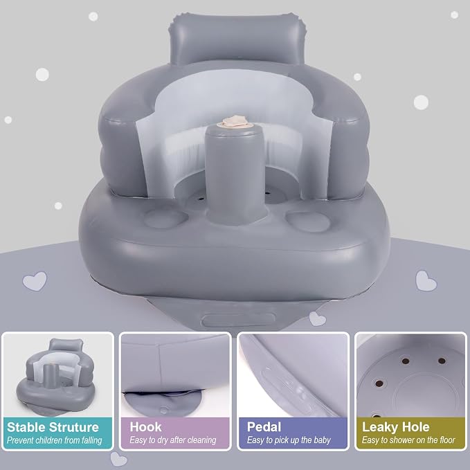 AirSwim Inflatable Baby Seat, Inflatable Baby Chair for Babies 3 Months and Up, Summer Blow Up Chair with Built in Air Pump, Infant Floor Seats for Learning to Sit, Palying, Camping, Grey