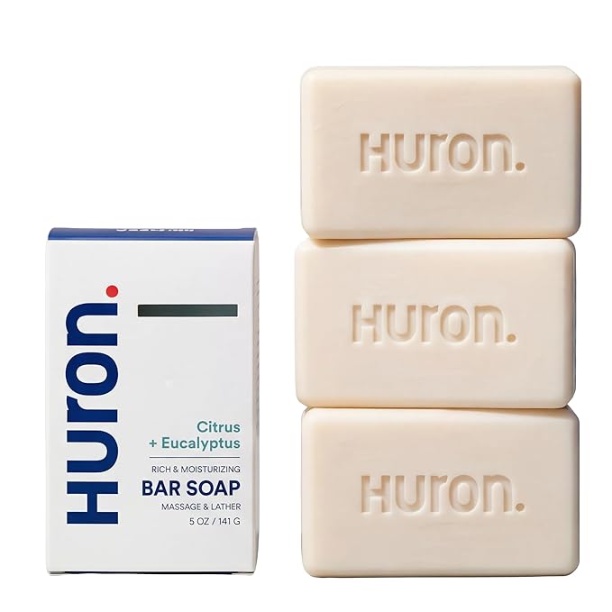 Huron Bar Soap for Men and Women, Hydrating Cleansing Bars with Citrus + Eucalyptus Scent, Moisturizing Shower Soap, Phthalate-Free, Non-Toxic Clean Ingredients for Daily Body Care, 5 oz (Pack of 3)