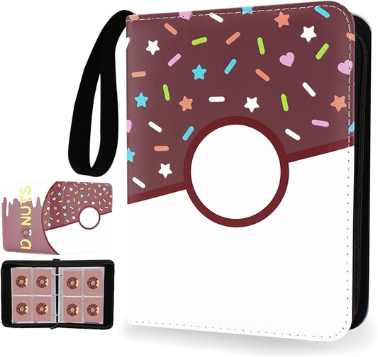 4 Pocket Card Binder 400 Card Holder Album, Pink Donut Trading Cards Holder Zipper Binder for Girl Teen Collection (Choco Donut, 400 Pocket)