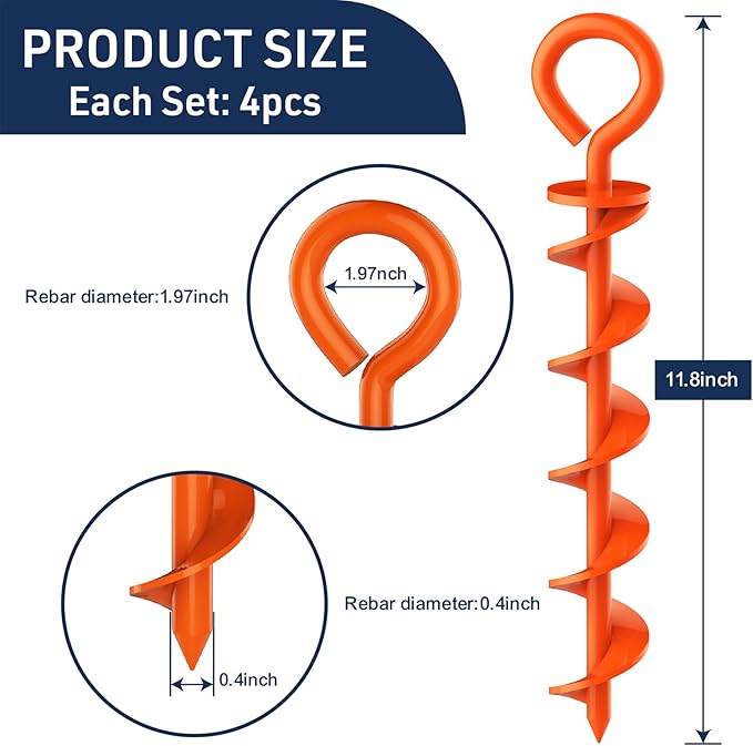 Eurmax USA 4 Pack Heavy Duty Ground Stakes,Industrial Grade Spiral Steel Screw-in Anchors with 4 Bonus Tie-Down Ropes,High Wind Stabilizing Kit for Trampolines,Dog Tie-Out,Canopy Tents,Sheds,Orange