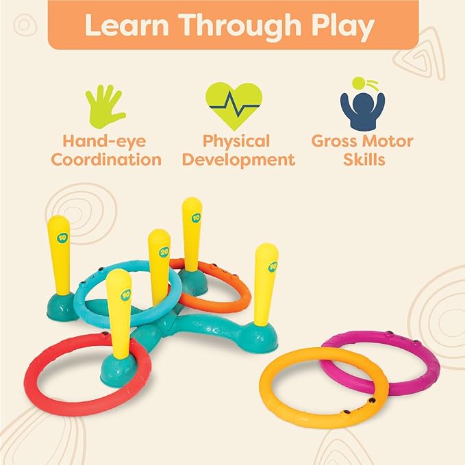 B. toys – Ring Toss Game – Indoor & Outdoor – Sling – a – Ring Toss – 12 Pieces – 5 Pegs & 5 Colorful Rings – for Toddlers, Kids – 3+ Years
