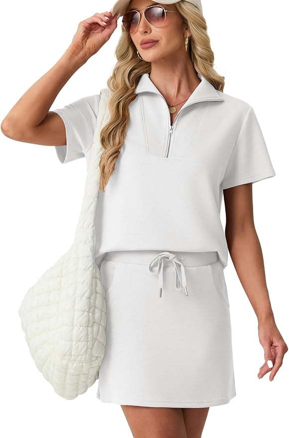 GRECERELLE Women's Summer 2 Piece Skort Set Half Zip Short Sleeve Top & Pocketed Tennis Skirt For Sports & Vacations.