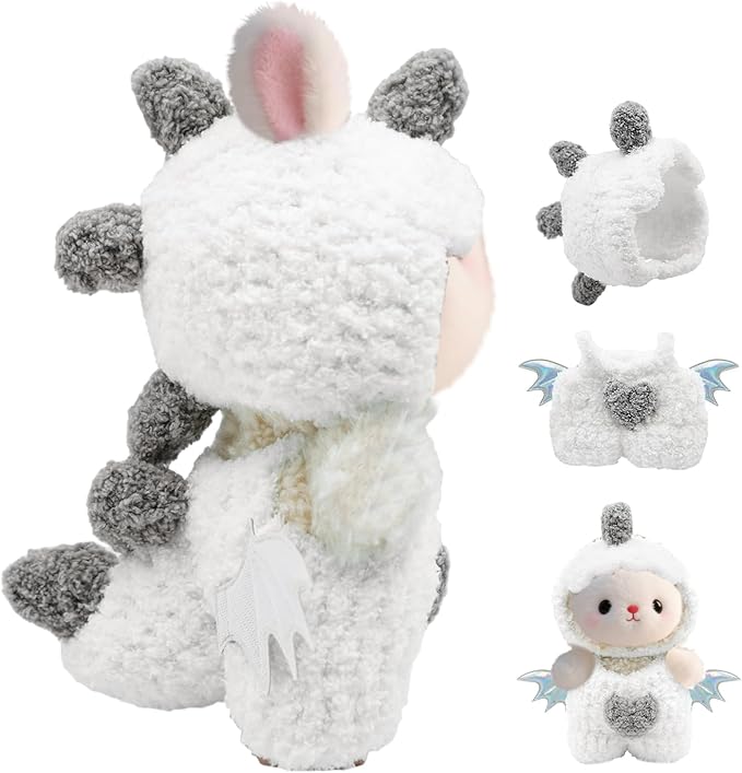 17cm Doll Clothes for Lububu, Dinosaur Costume with Wings, Faking Animal Style Outfit for 6.7" Plush Doll, Handmade Jumpsuits for Keychain Accessories(White)