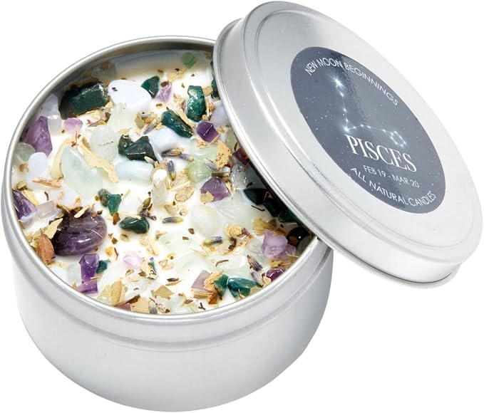 Pisces Zodiac Candle (Feb. 19 - Mar. 20) -Soy Candle - All Natural Aromatherapy Candle - Pisces Horoscope Candle - Crystal Candles - 8 oz Tin