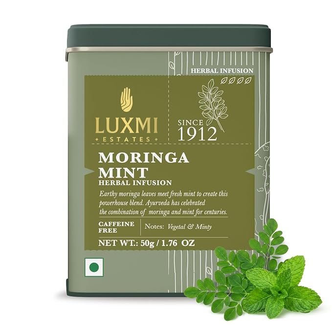 Luxmi Estates Moringa Mint Tea, Loose Leaf, 50g (1.76oz, ~25 Cups), Moringa Oleifera Leaf with Spearmint - Caffeine-Free Herbal Superfood Infusion, Vegan & Non-GMO