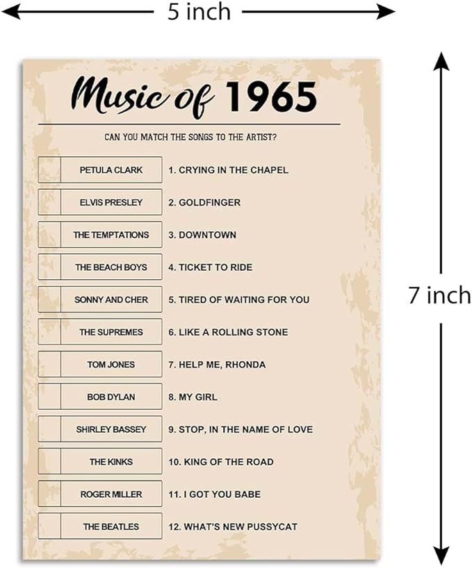 60th Birthday Party Games, Music of 1965 Games, Birthday Party Supplies for Adults, Fun 1965s Party Game，Pack of 30 Cards