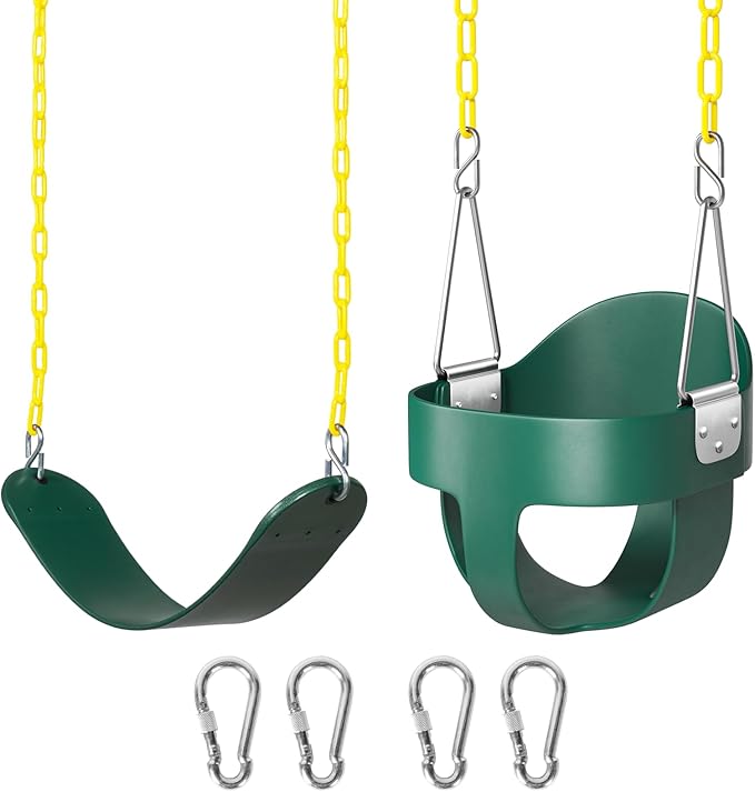 DECORLIFE Toddler Swing Set, High Back Full Bucket Swing with Heavy Duty Swing Seat Combo Pack, 330lb Capacity for Kids Adults, Plastic-Coated Chains and Quick-Snap Carabiners for Backyard, Playground