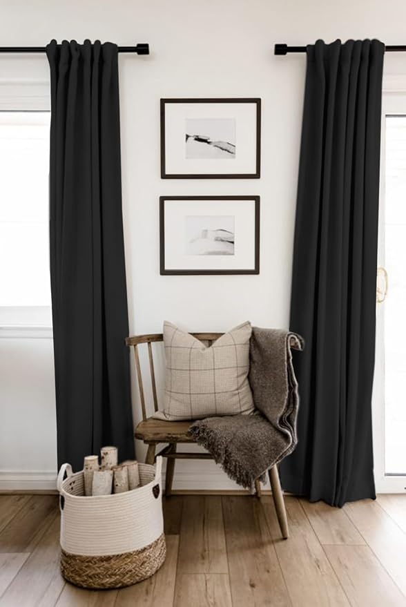 100% Blackout Shield Linen Blackout Curtains for Bedroom 84 Inches Long, Back Tab/Rod Pocket Living Room Drapes, Thermal Insulated Blackout Curtains 2 Panels Set, 42" W x 84" L, Black